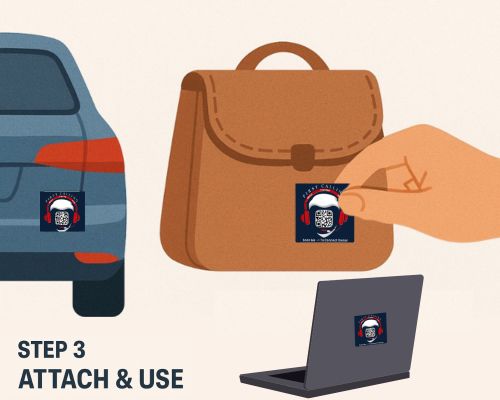 A person attaching a QR safety tag to their belongings